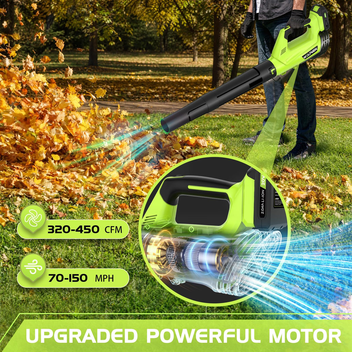 Leaf Blower Cordless, 450 CFM Electric Cordless Leaf Blower with 2 Batteries and Charger, 2 Speed Mode, Lightweight Leaf Blowers for Lawn Care, Blowing Leaves, Patio Cleaning and Dust, Bright Green