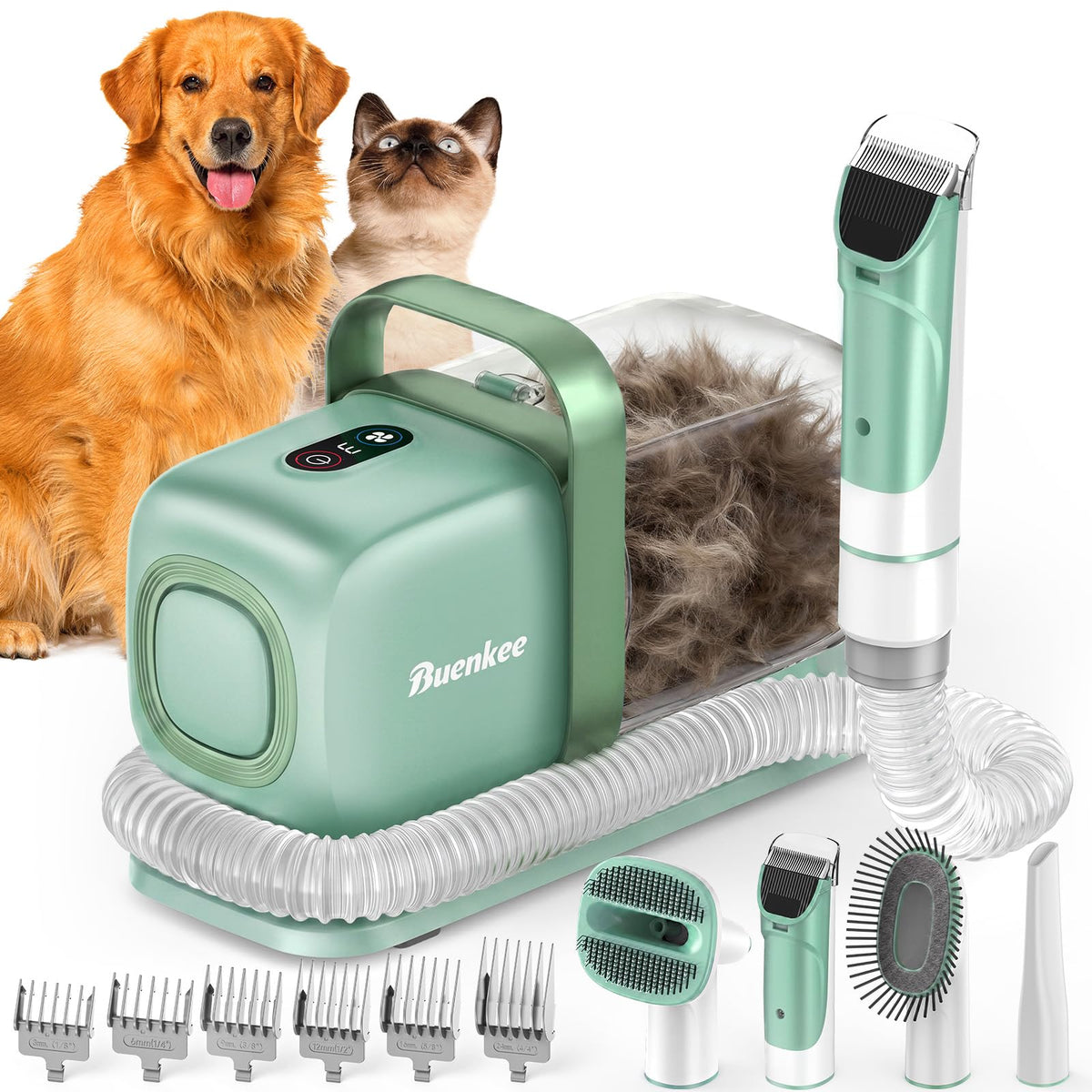 Buenkee Dog Grooming Vacuum Kit, 15000Pa Clipper, Shedding Brush, 2L, Green Brush, trim and deshed at home with less flying fur, mess-control suction and fewer emptying breaks during longer sessions