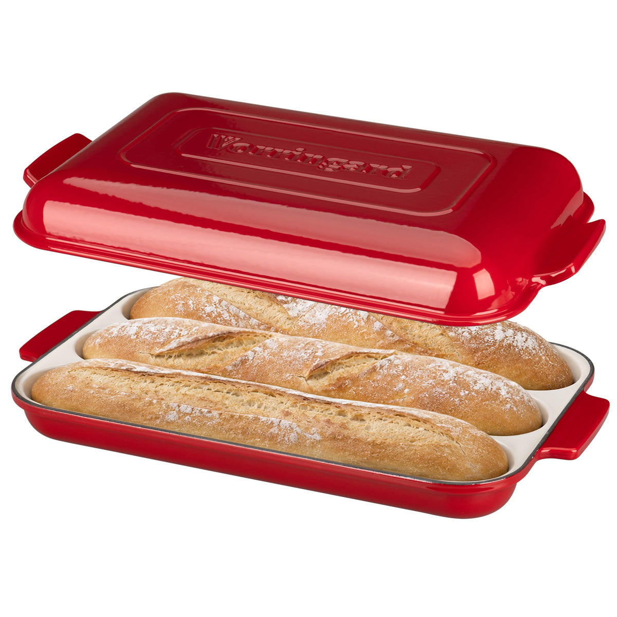 VORRINGARD Enameled Cast Iron Baguette Bread Baker with Lid, French Bread Baking Pan for Artisan Homemade Baguettes, Crispy Crust Bread Oven for Sourdough & Bakery Style Baking, 3-Slot, Red