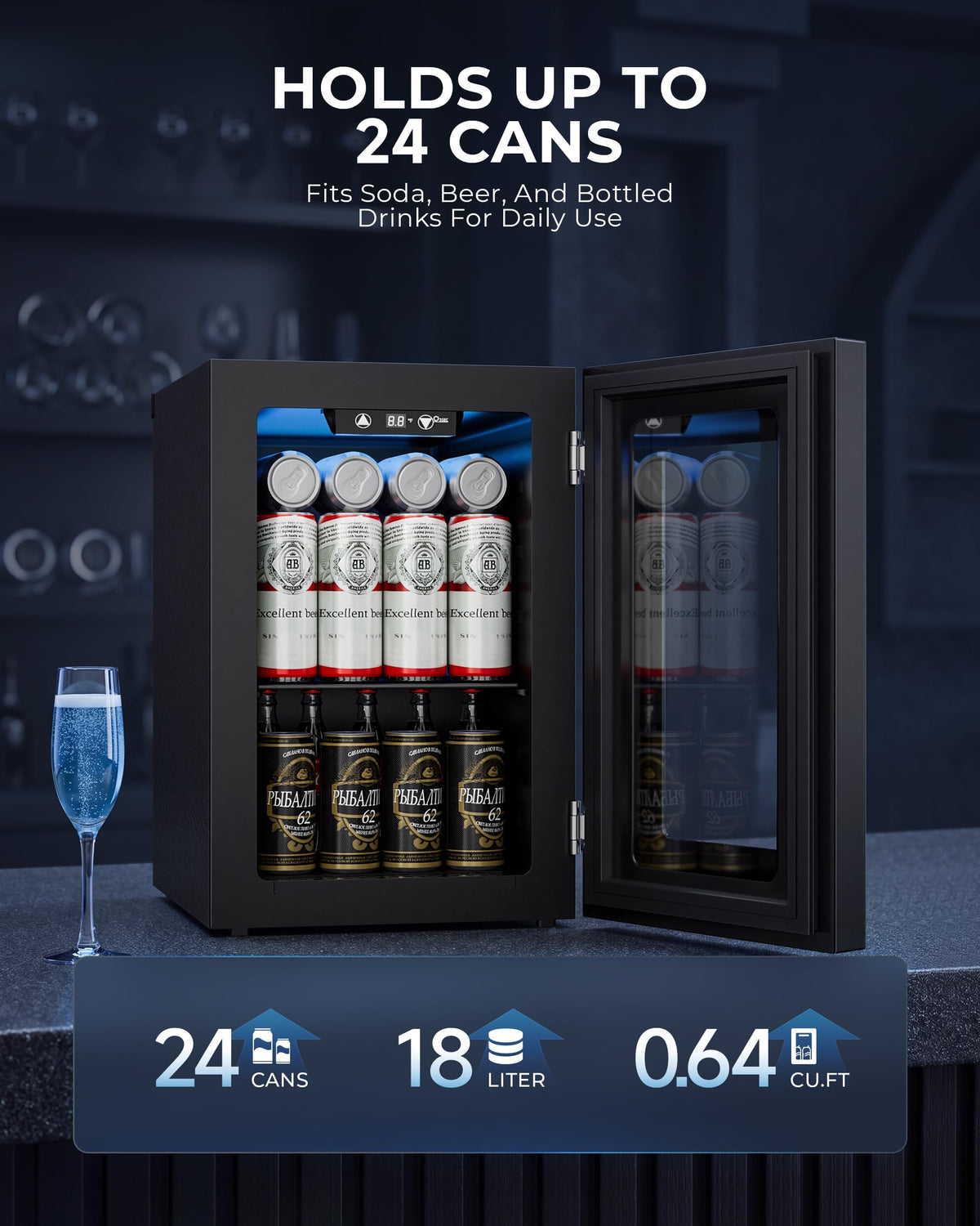18L Beverage Refrigerator Cooler, 24-Can Mini Fridge with Glass Door LED Light, 40–61°F Digital Temperature Control, Freestanding Drink Fridge for Soda, Beer, Bedroom, Office & Home Bar