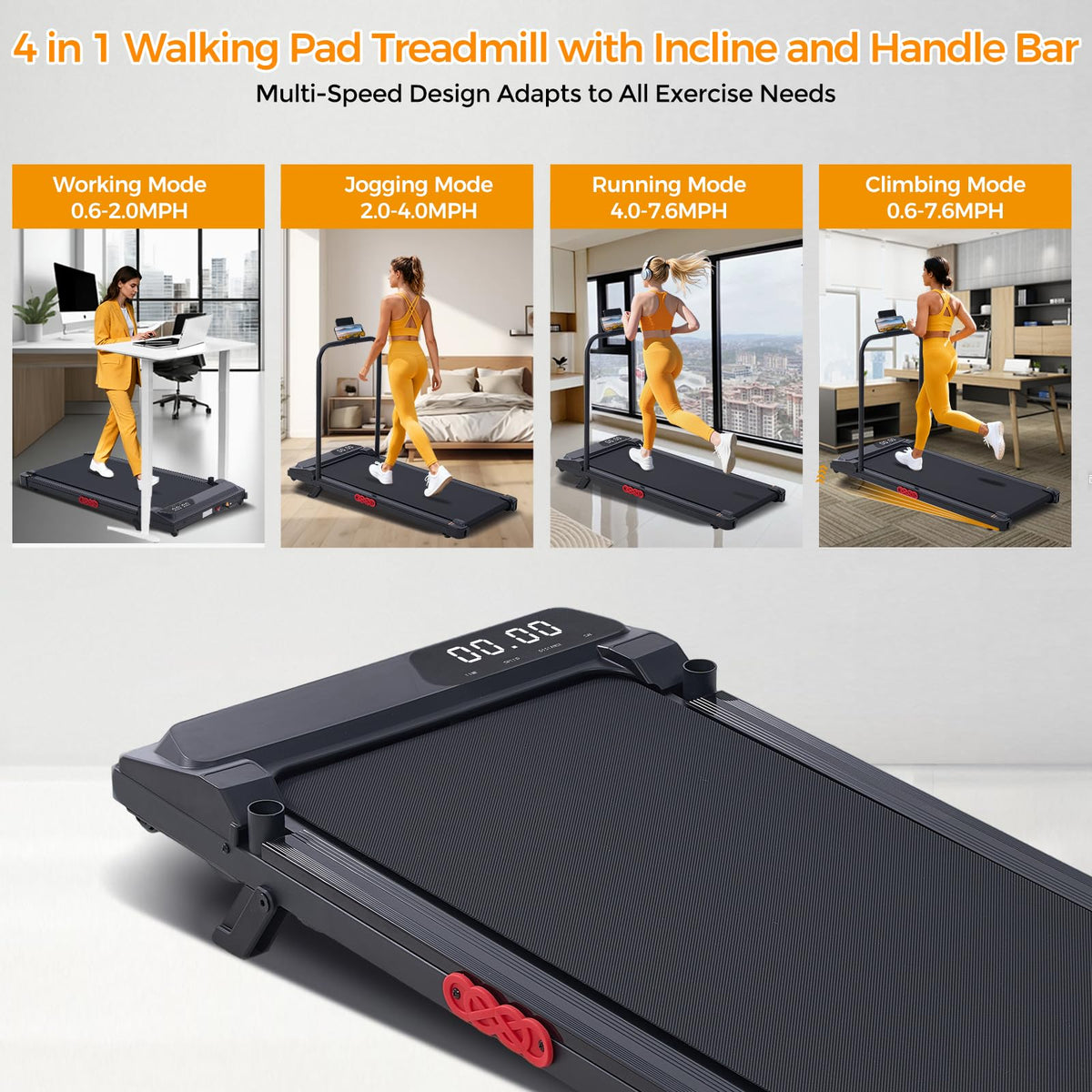 KASSADIN Walking Pad with Handle Bar, 2026 Upgrade Portable Small Treadmill with Handles for Home Small, 3.0HP Under Desk Walking Pad Treadmill with Incline, 0.6-7.6MPH, 350LBS