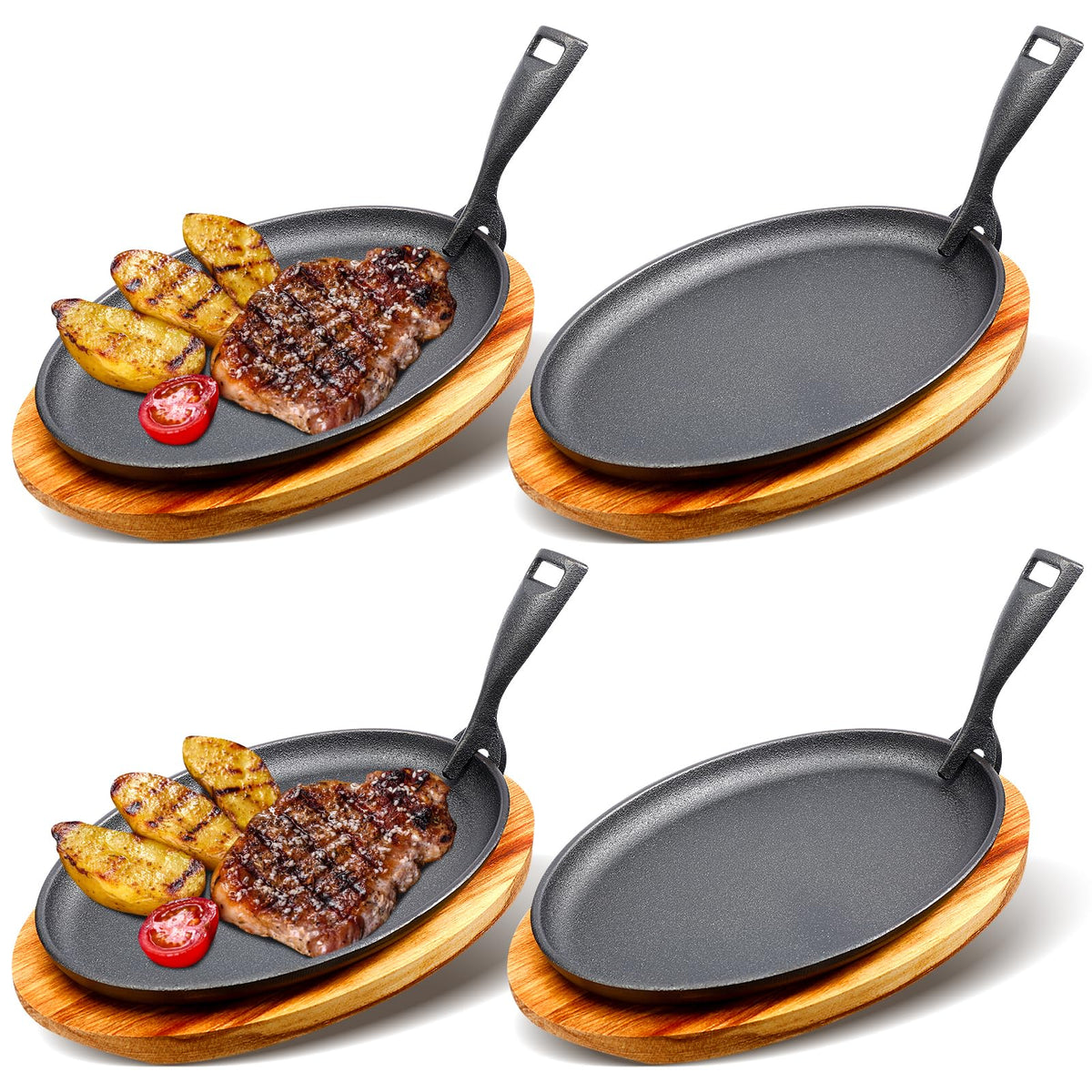 FoldTier 4 Sets Cast Iron Fajita Skillet 10.63"x6.89" with Wooden Base Sizzling Pan for Restaurant Kitchen BBQ Party, Removable Handle, Anti Scald Wooden Base, Skillets Trays Handles