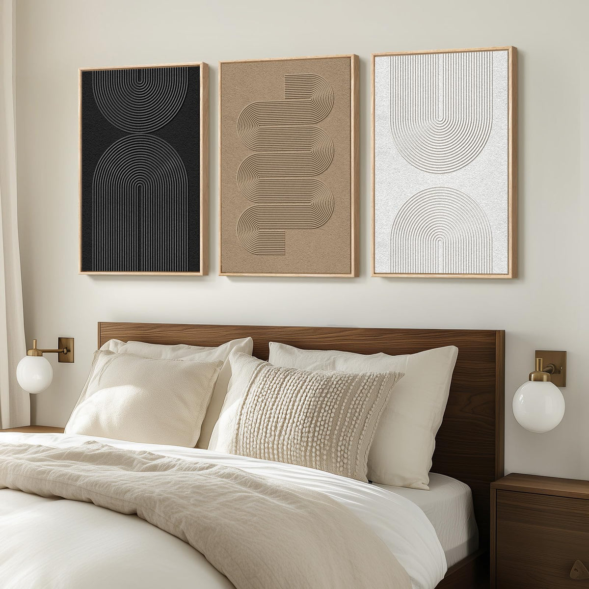 Large Framed Boho Black White Abstract Wall Art for Living Room, 24x36 In Set of 3 Neutral Canvas Prints, Modern Minimalist Artwork, Geometric Pictures, Office Bedroom Hallway Paintings Wall Decor