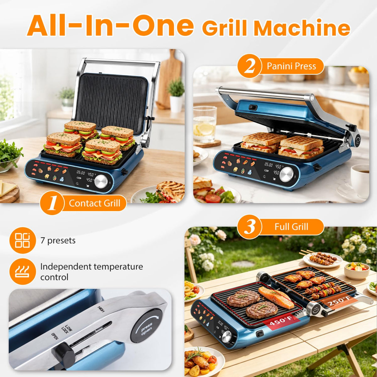 Taylor Swoden 7-in-1 Panini Press Sandwich Maker, Electric Indoor Grill 1500W, LED Touch Panel, Removable Non-Stick Plates & Drip Tray, Independent Temperature Control, 7 Modes, Opens 180 Degrees