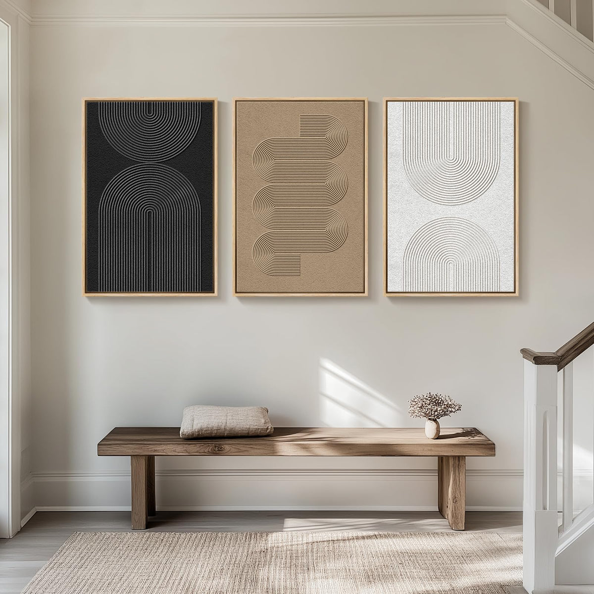 Large Framed Boho Black White Abstract Wall Art for Living Room, 24x36 In Set of 3 Neutral Canvas Prints, Modern Minimalist Artwork, Geometric Pictures, Office Bedroom Hallway Paintings Wall Decor