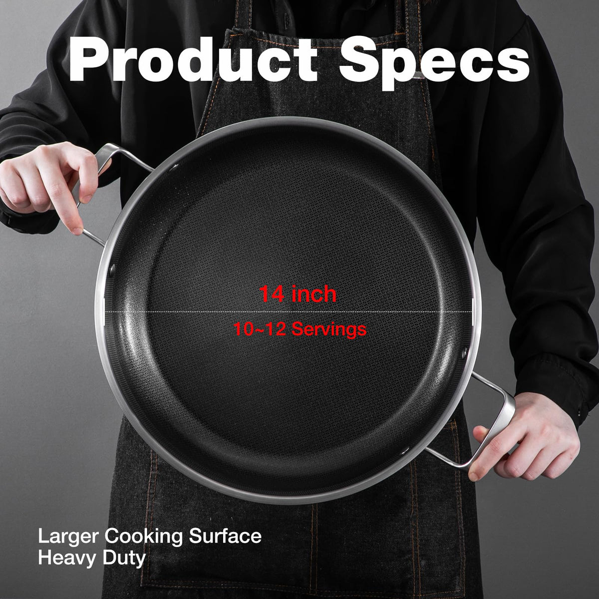 Yeksum 14 Inch Paella Pan with Lid, Ceramic Nonstick & Stainless Steel Induction Ready, 12-Serving Large Skillet, Oven Safe 550°F for Paella, Searing, Frying (Family Gathering & Outdoor Cooking)