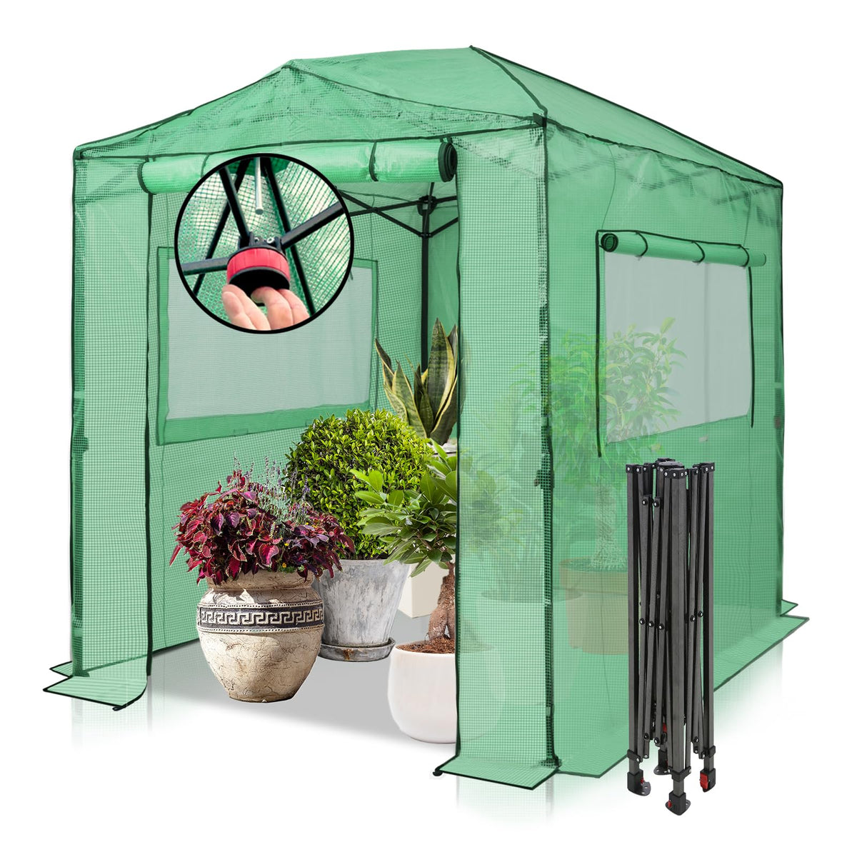 EAGLE PEAK 8x6 Easy Setup Pop Up Greenhouse, Clear/Green Walk-In Greenhouses for Outdoors, Green House for Winter Protection, Roll-Up Doors & Mesh Windows, One Person Setup