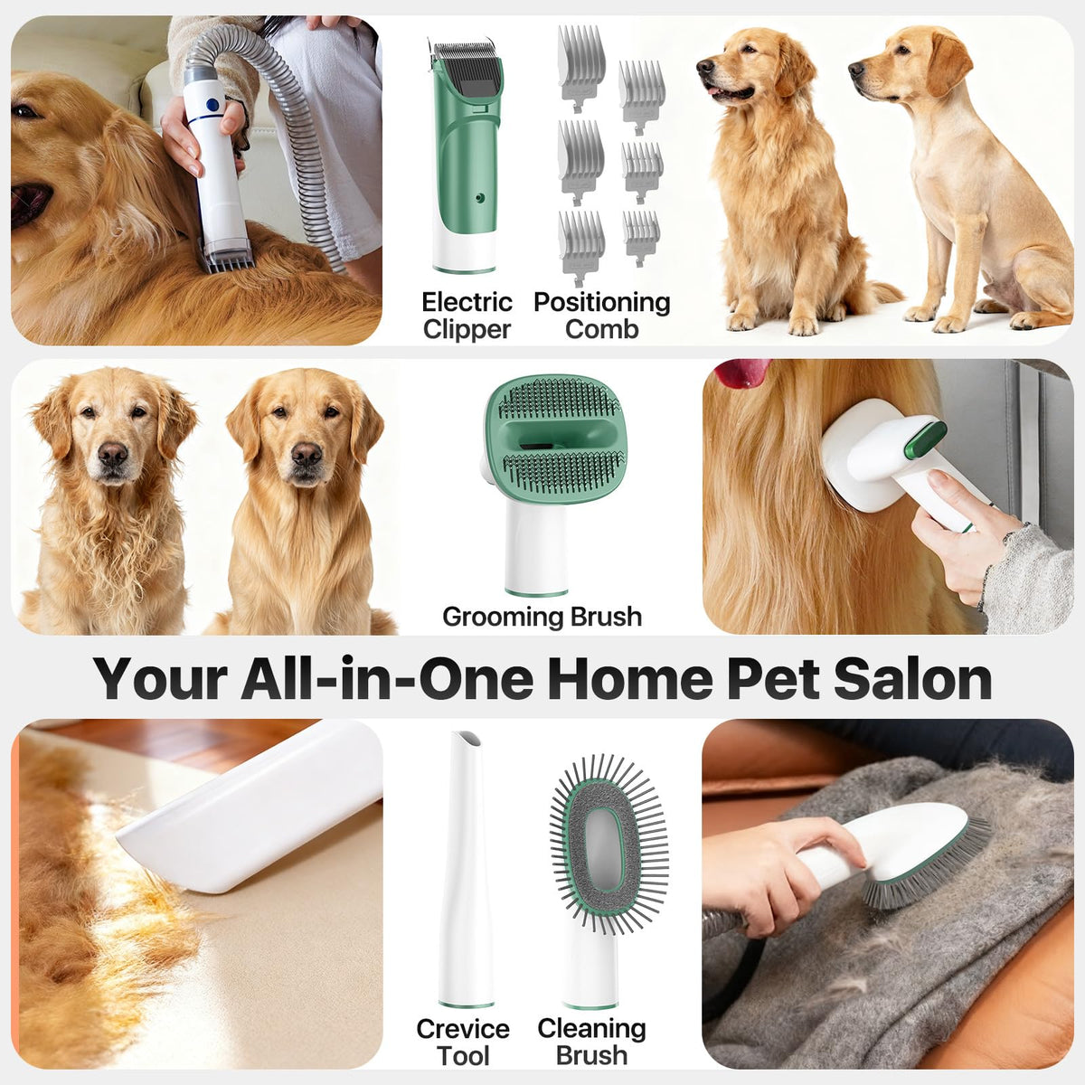 Buenkee Dog Grooming Vacuum Kit, 15000Pa Clipper, Shedding Brush, 2L, Green Brush, trim and deshed at home with less flying fur, mess-control suction and fewer emptying breaks during longer sessions