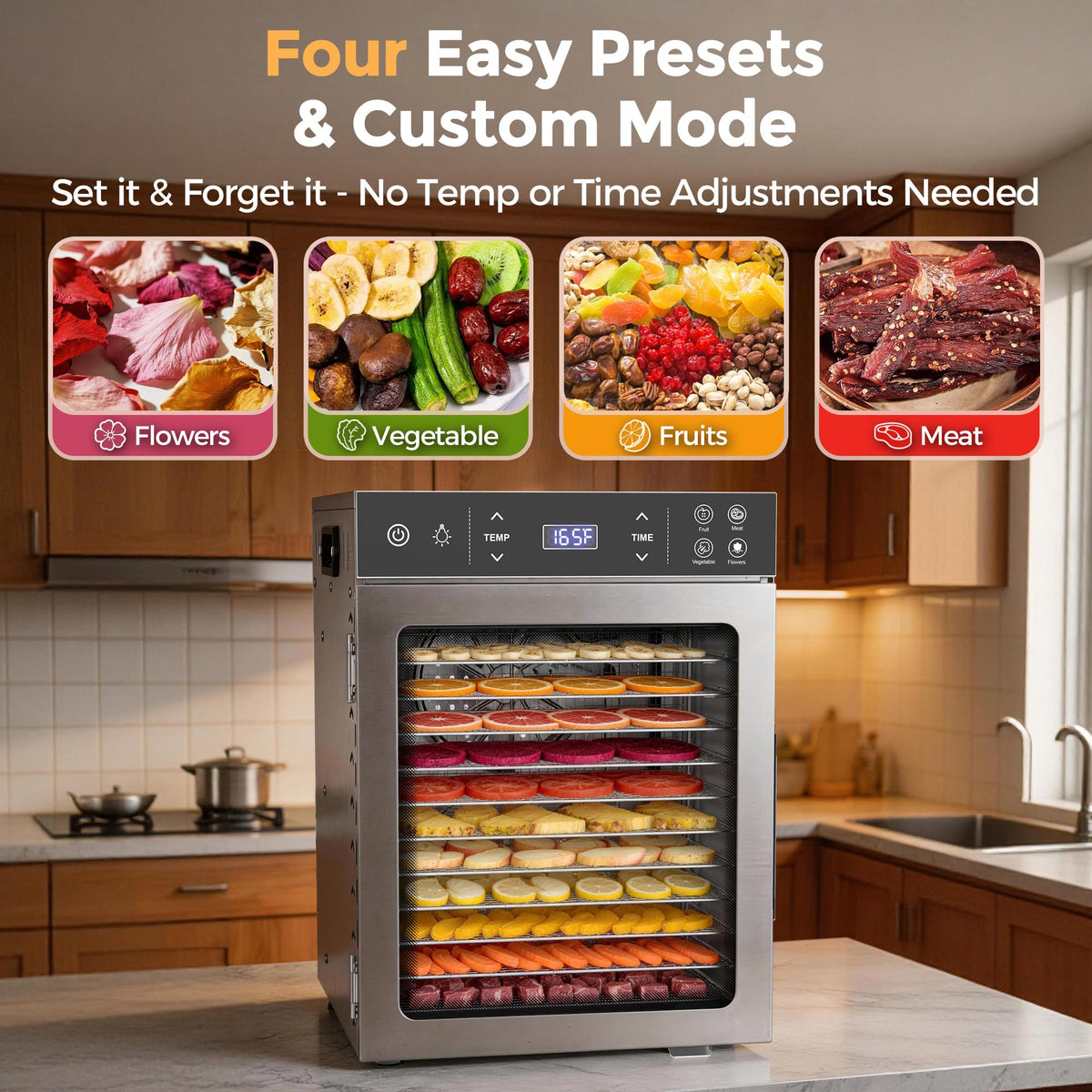 Suteck 12-Tray Food Dehydrator, Stainless Steel, 4 Presets for Jerky&Fruit Dual Fans & 360° Airflow | 95-195°F | 24H Timer | Quiet ≤45dB | Make Jerky, Fruit, Veggies, Herbs & More