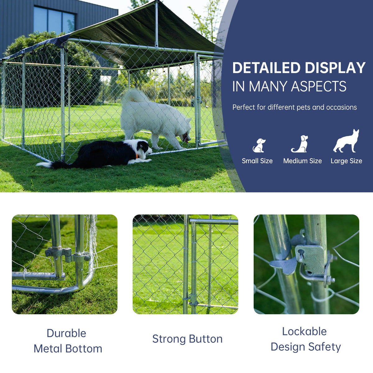 Petony Large Outdoor Dog Enclosure,Heavy Duty Dog Kennel with Roof,Galvanized Steel Dog Cage Fence with Double Safety Locks(78.8" L x 78.8" W x 65" H)