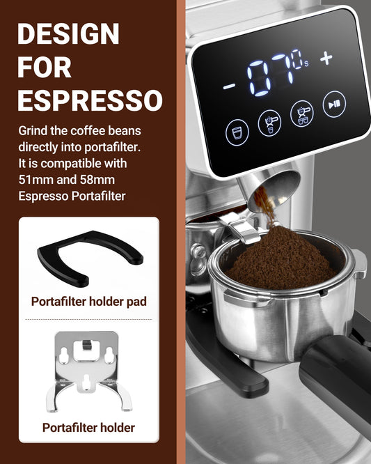 AMZCHEF Burr Coffee Grinder, 48 Settings, Less Static Mess, Metallic Silver 40mm Burr, Low Retention, 0.5s LED Timer, Stainless Steel Body, Fit 51-54/58 Espresso Portafilter, Cleaning Brush Included