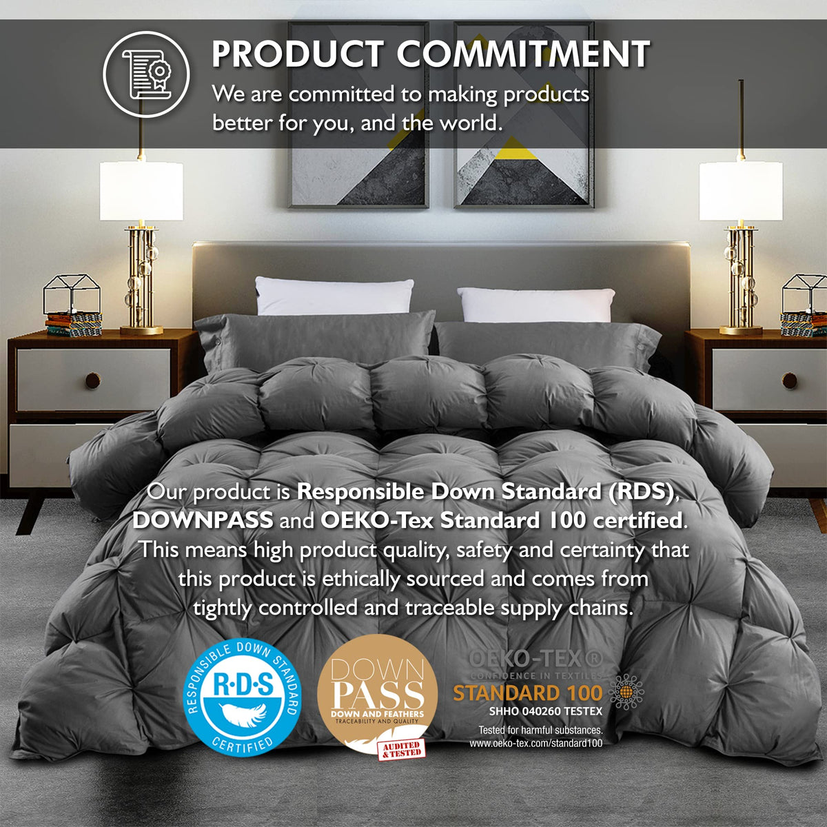Luxurious All-Season Goose Down Feather Fiber Comforter King Size Duvet Insert, Exquisite Pinch Pleat Ruffled Twisted Flower, Premium Baffle Box, 100% Egyptian Cotton Cover, 70 oz. Fill Weight, Gray