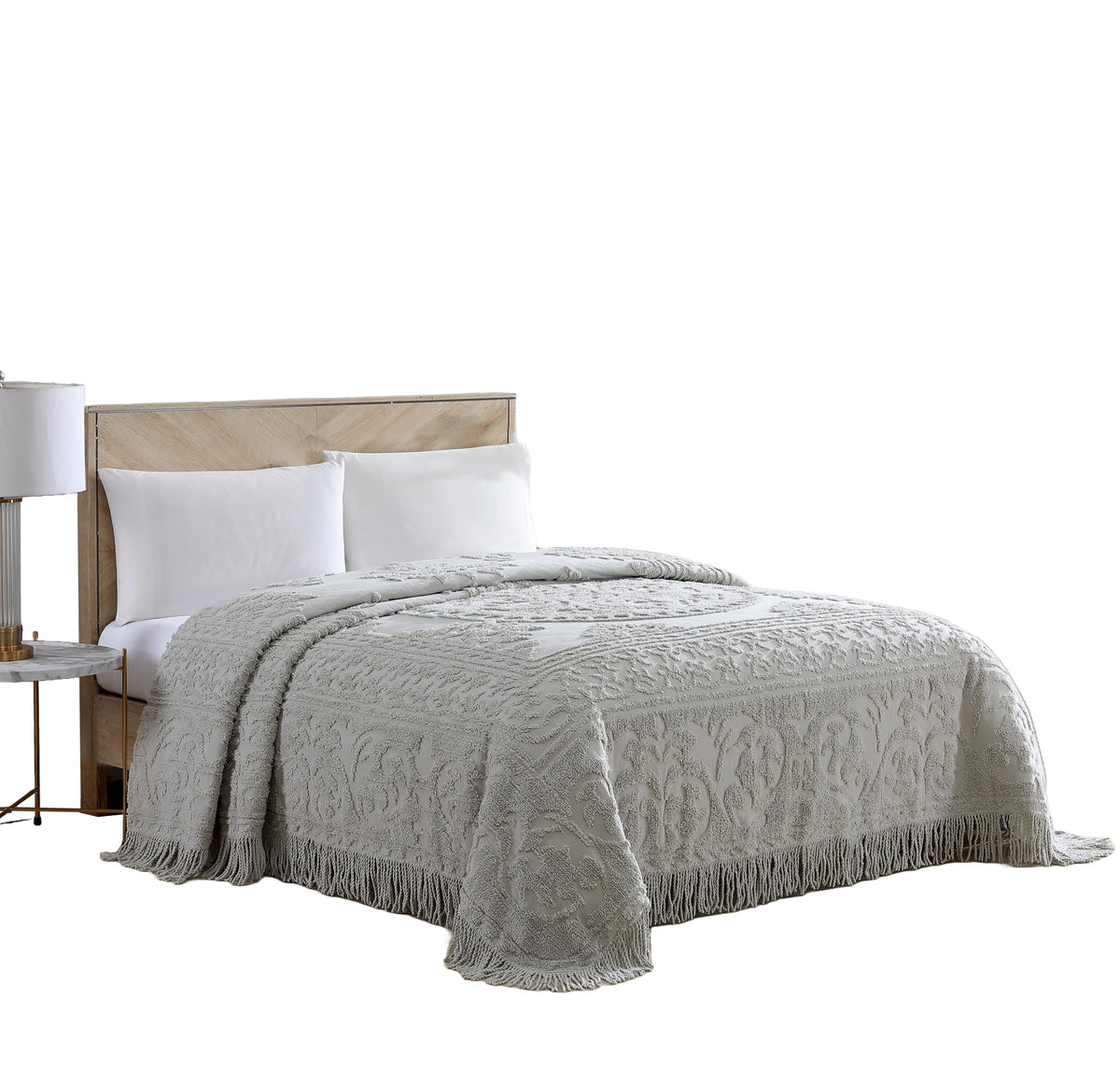Beatrice Home Fashions Medallion King Cotton Chenille Bedspread, Gray Vintage tufted lightweight soft, cozy plush 100% cotton bedspread with fringed hem and large centered medallion design
