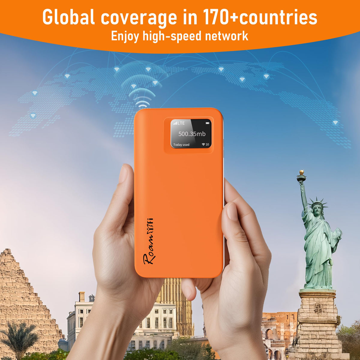 RoamWiFi Mobile Hotspot Pocket WiFi, Portable WiFi No SIM Card Needed, MiFi 4G LTE, US 1GB Data 30 Day, 10 Devices, 170+ Countries, No Contract, International, Travel, Hotspot Device, Hot Spot, Global