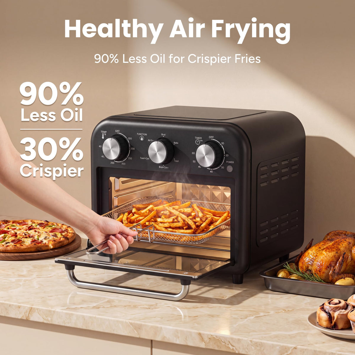 SMIRLY 6-in-1 Air Fryer Toaster Oven Combo, 13QT Small Toaster Oven Black 1200W Toaster Ovens Countertop for Air Fryer, Bake, Toast, Roast, Broil, Reheat, Compact Toaster Oven with Basket, Rack, Tray