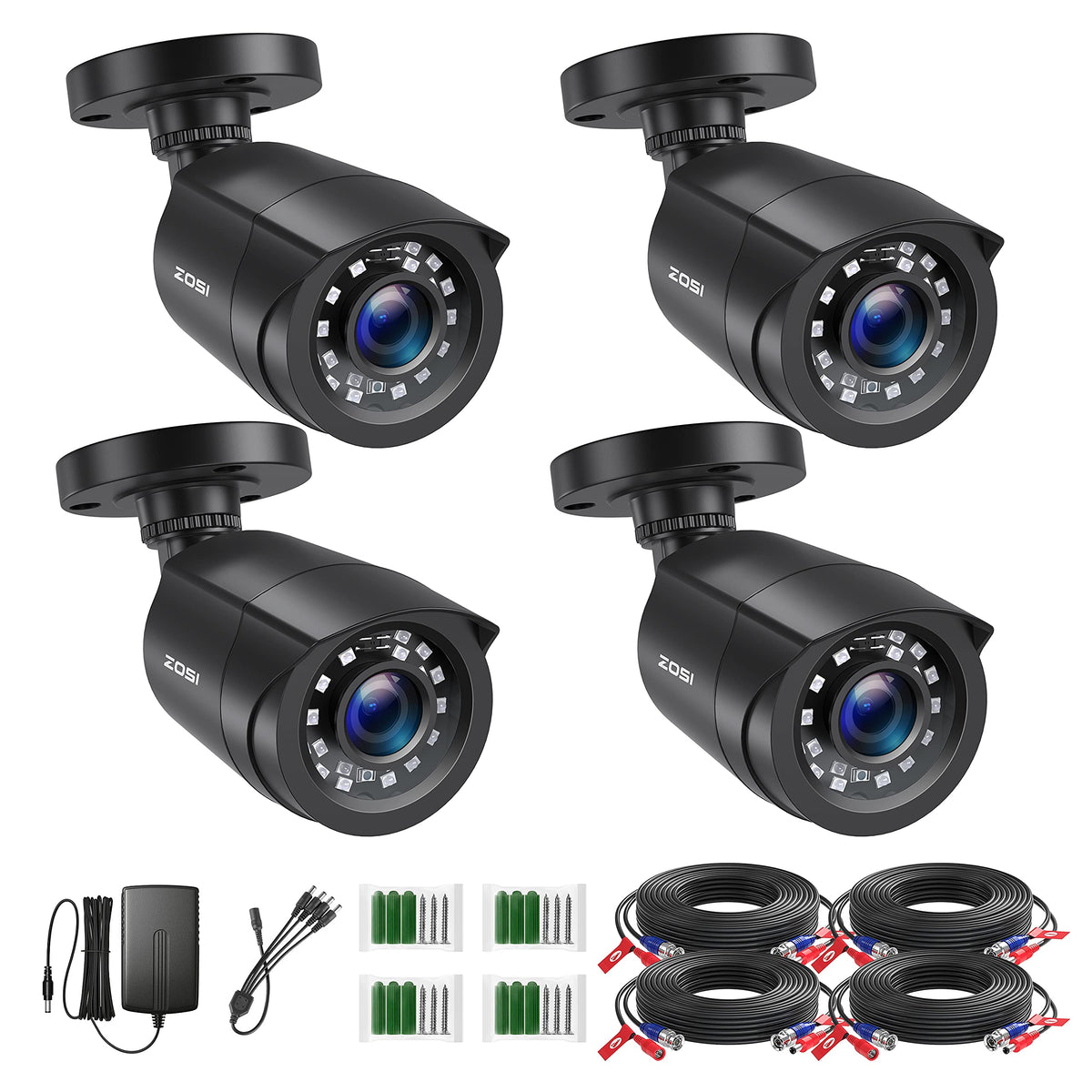 ZOSI 4 Pack 1080P HD TVI Wired Security Cameras, Outdoor Indoor Bullet Cam 80ft Night Vision, IP66 Weatherproof, for 1080P/5MP/4K HD TVI Analog CCTV DVR Home Surveillance System