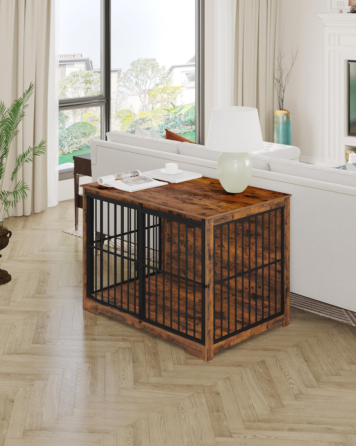 Hzuaneri 44.1 in XL Dog Crate Furniture Indoor Dog Kennel with Barn Door Wooden Dog Crates Furniture, Heavy Duty Dog Crate,Decorative Pet House End Side Table for Large Dogs,Rustic Brown DFC80101BV1