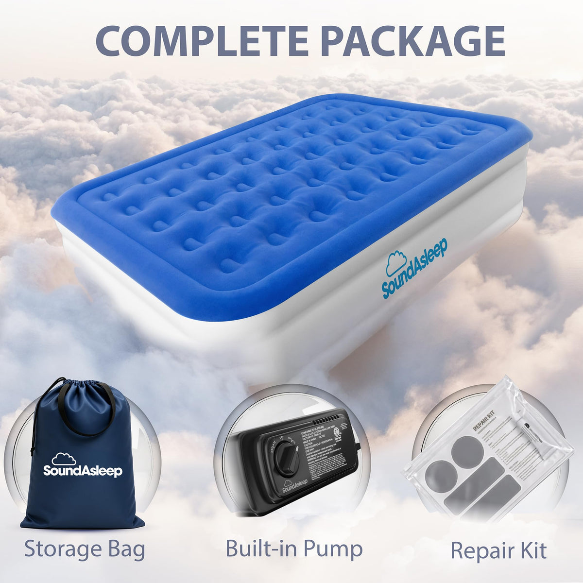 SoundAsleep Dream Series Raised Queen Air Mattress, Built-in Pump, Blue ComfortCoil Technology, fast 1-click inflation, waterproof flocked top and SureGrip bottom create a stable guest bed for two