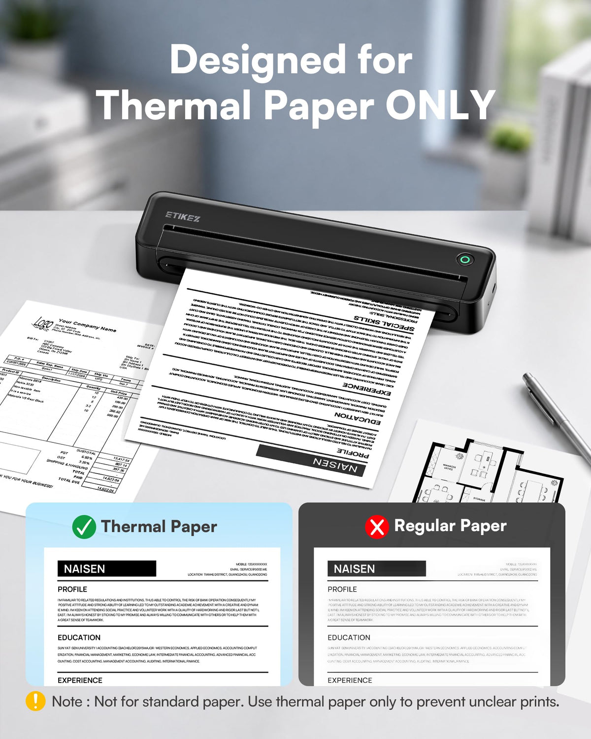 D90E Inkless Portable Thermal Printer with Case – 8.5" x 11", Black Wireless Bluetooth Small Compact Mobile Printer for Travel/Office/School/Home, Compatible with iPhone, Tablet & Laptop