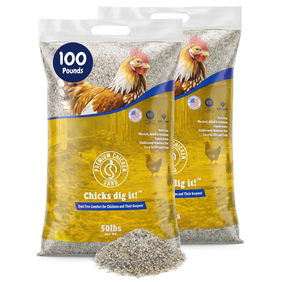 Premium Chicken Sand 50 lbs (2-Pack) – Dust-Free, Odor-Control Bedding for Chicken Coops, Nesting Boxes, and Runs – Natural Poultry Litter, 100 lbs Total