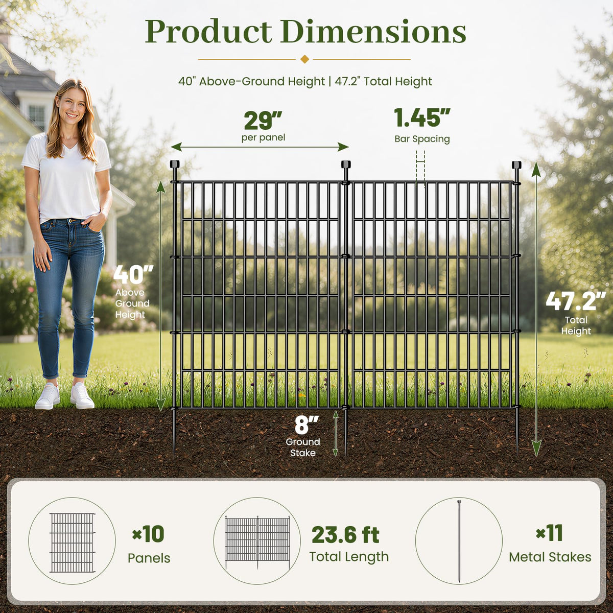 No Dig Garden Fence Outdoor for Yard, 40in (H) x 23.6ft(L) 10 Panels with Gate Animal Barrier Fence, Rustproof Metal Temporary Dog Fence, Decorative Fencing for Patio, Flower Bed