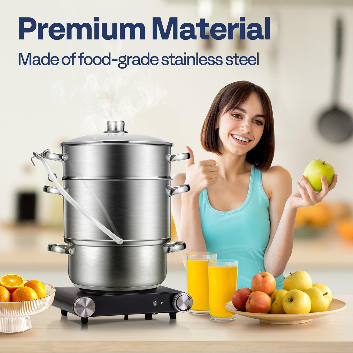 VIVOHOME 11 Qt Stainless Steel Steam Juicer for Canning Fruit & Grape Juice Juice Steamer Extractor Pot with Tempered Glass Lid, 2 Hoses, Clamp, Loop Handles