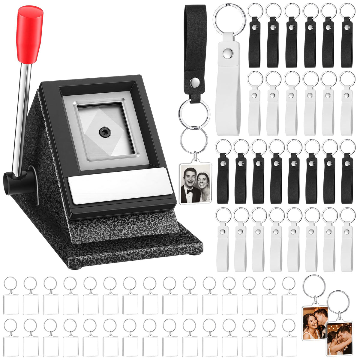 61 Pcs Button Keychain Photo Cutter 35 x 45 mm Keychain Maker 1 Pcs Photo Keychain Maker Machine, 30 Double Sided Acrylic Frame Keyring 30 PU Leather Keychains