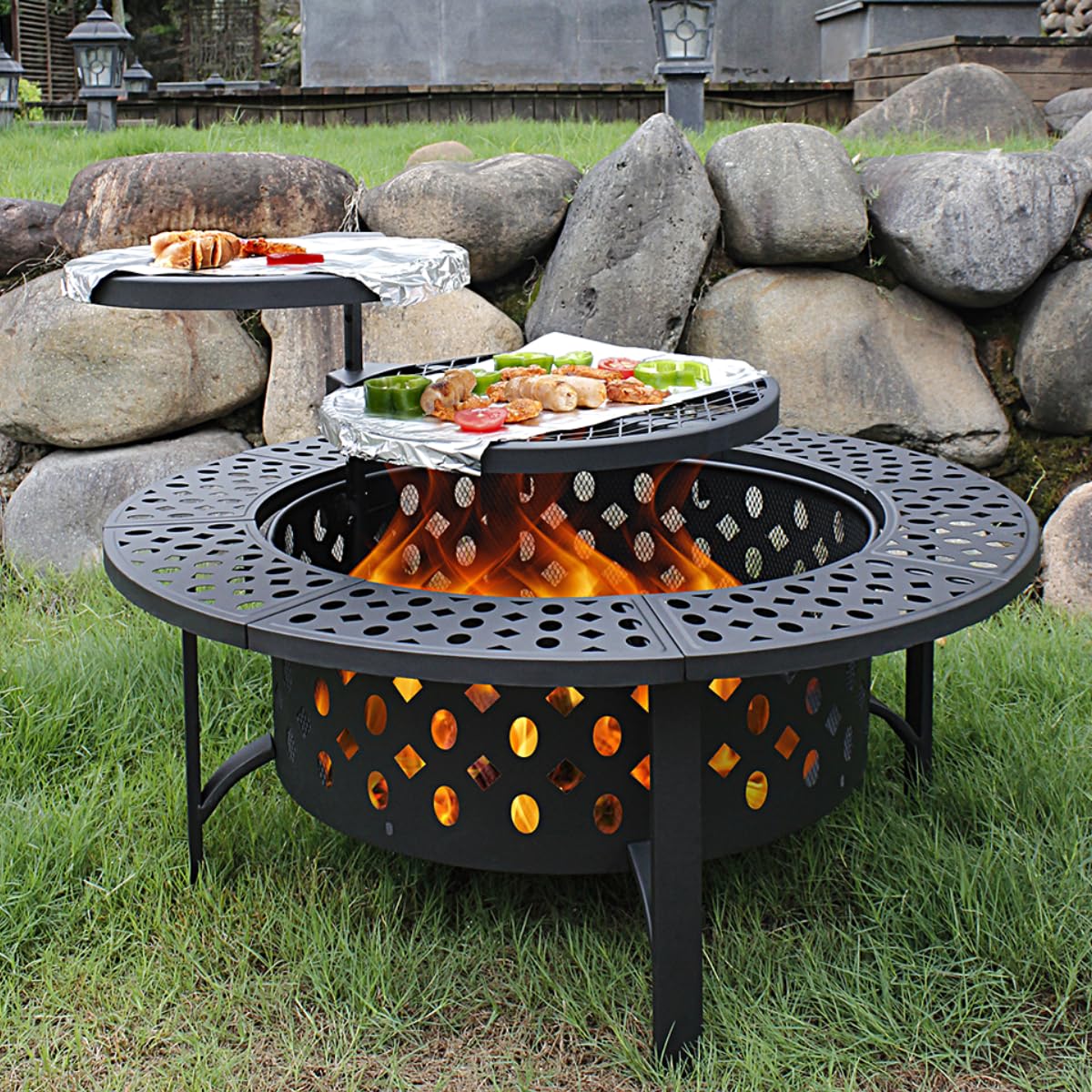 OutVue 42 Inch Fire Pit with 2 Grills, Lid, Poker Large Wood Burning Fire Pits for Outside,Heavy Duty Fire Pit, BBQ& Outdoor Firepit & Round Metal Table 3 in 1 for Patio