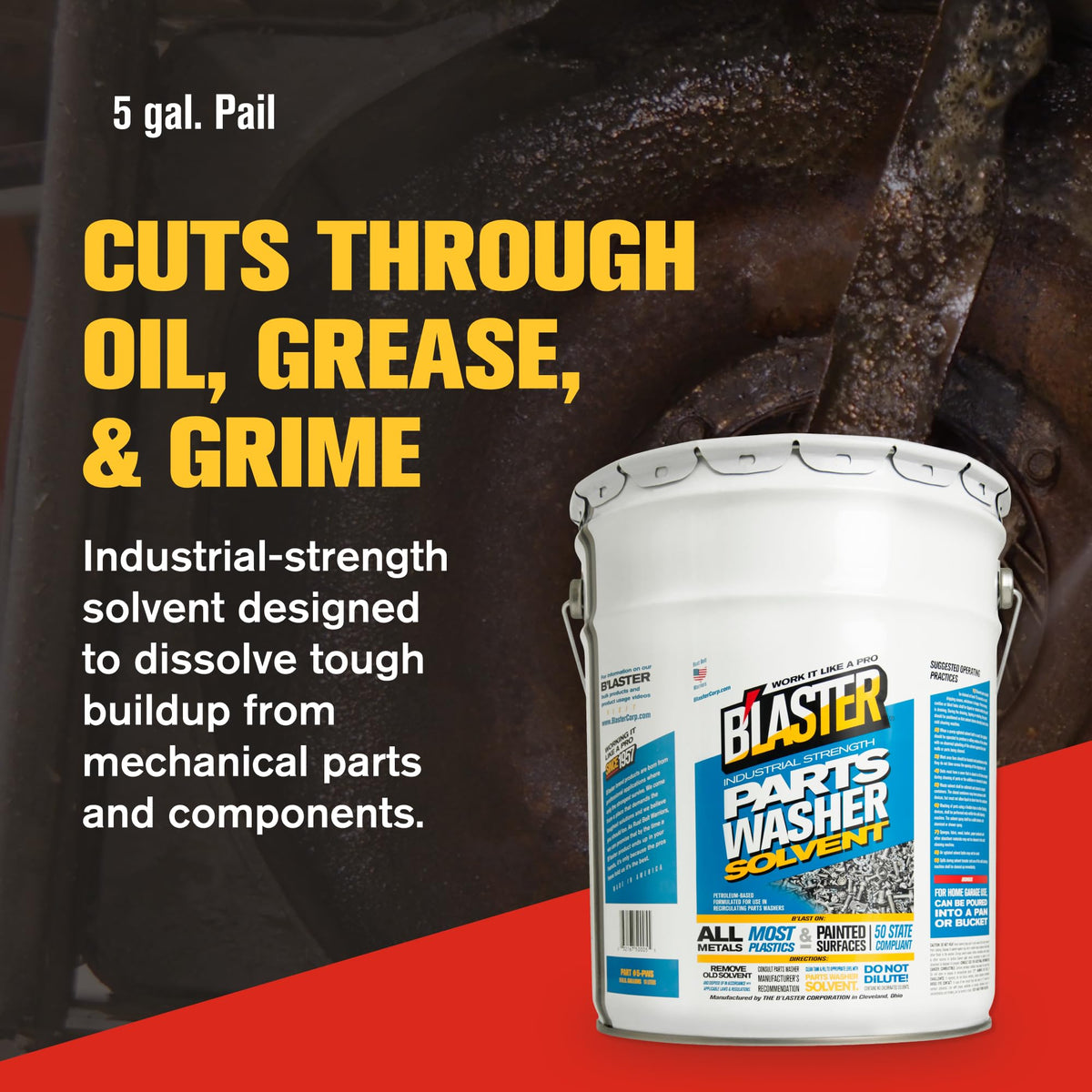 B’laster Parts Washer – Parts Cleaner Solvent – High Flashpoint Formula Cleans Oil, Grease & Grime, No Residue, Works on Metals, Most Plastics & Painted Surfaces – 5‑Gallon