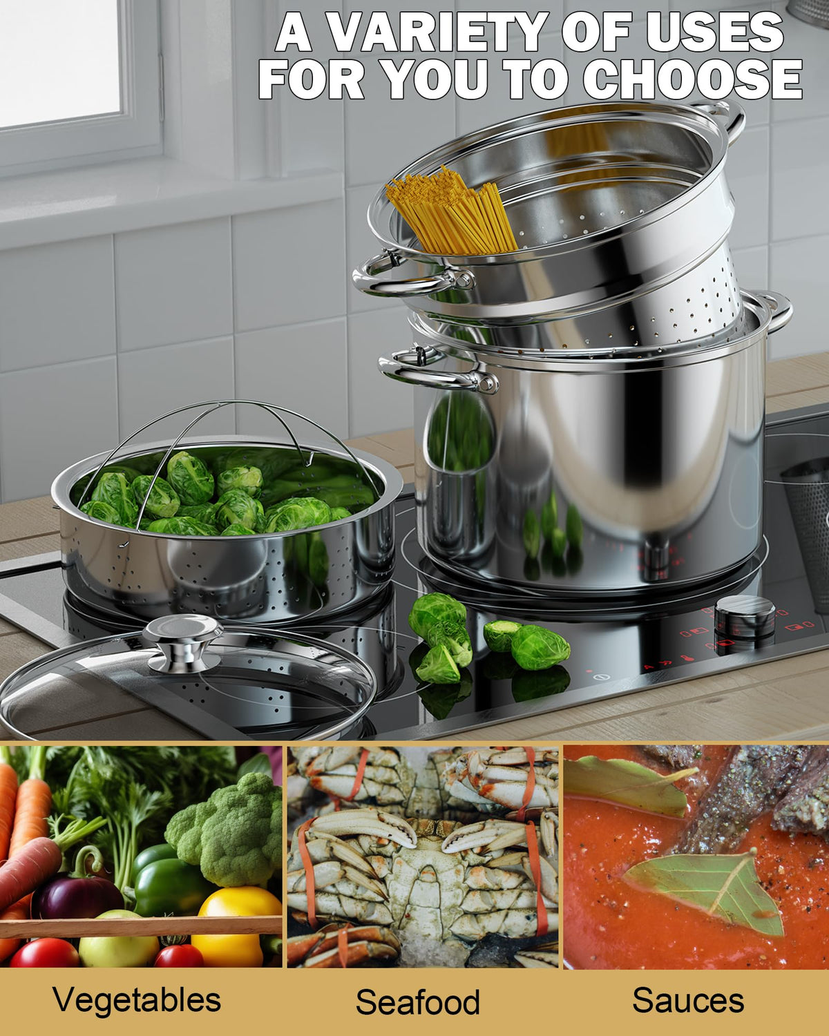 Cook N Home 8 Quart Stainless Steel Pasta Pot with Strainer Lid 3-in-1 Pots Steamer Basket, Pasta Strainer, Stock Pot with Lid - Pasta Cooker Induction Compatible, Dishwasher & Oven Safe