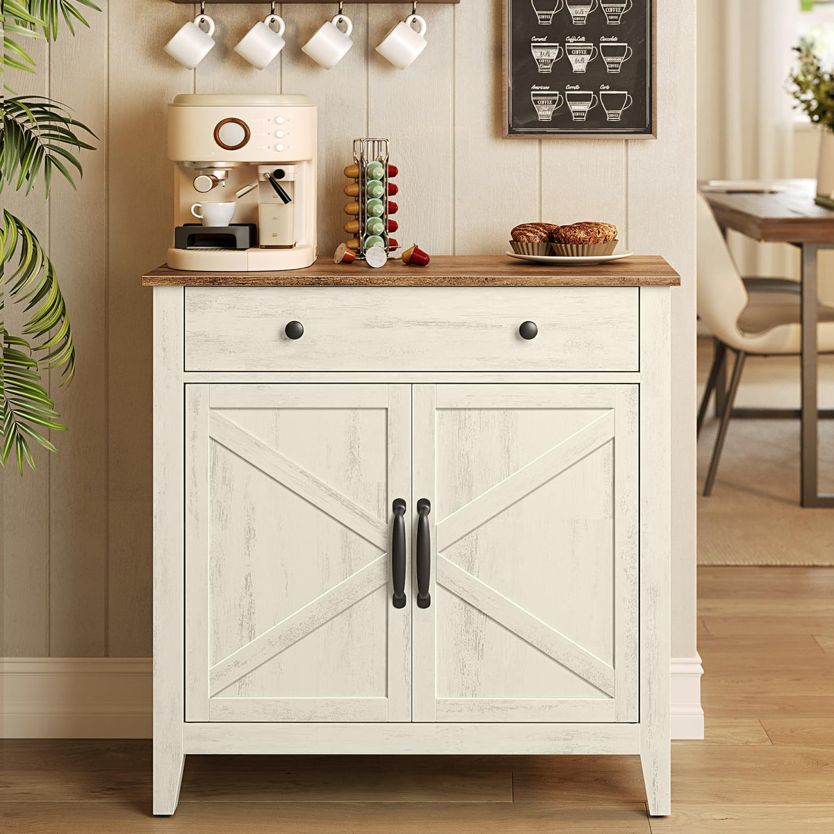 VASAGLE Buffet Cabinet, Coffee Bar with a Drawer, Adjustable Shelf Sideboard Storage with Cable Hole, Drawer Divider, Rustic White and Honey Brown, LIRY Collection UBBK341W01