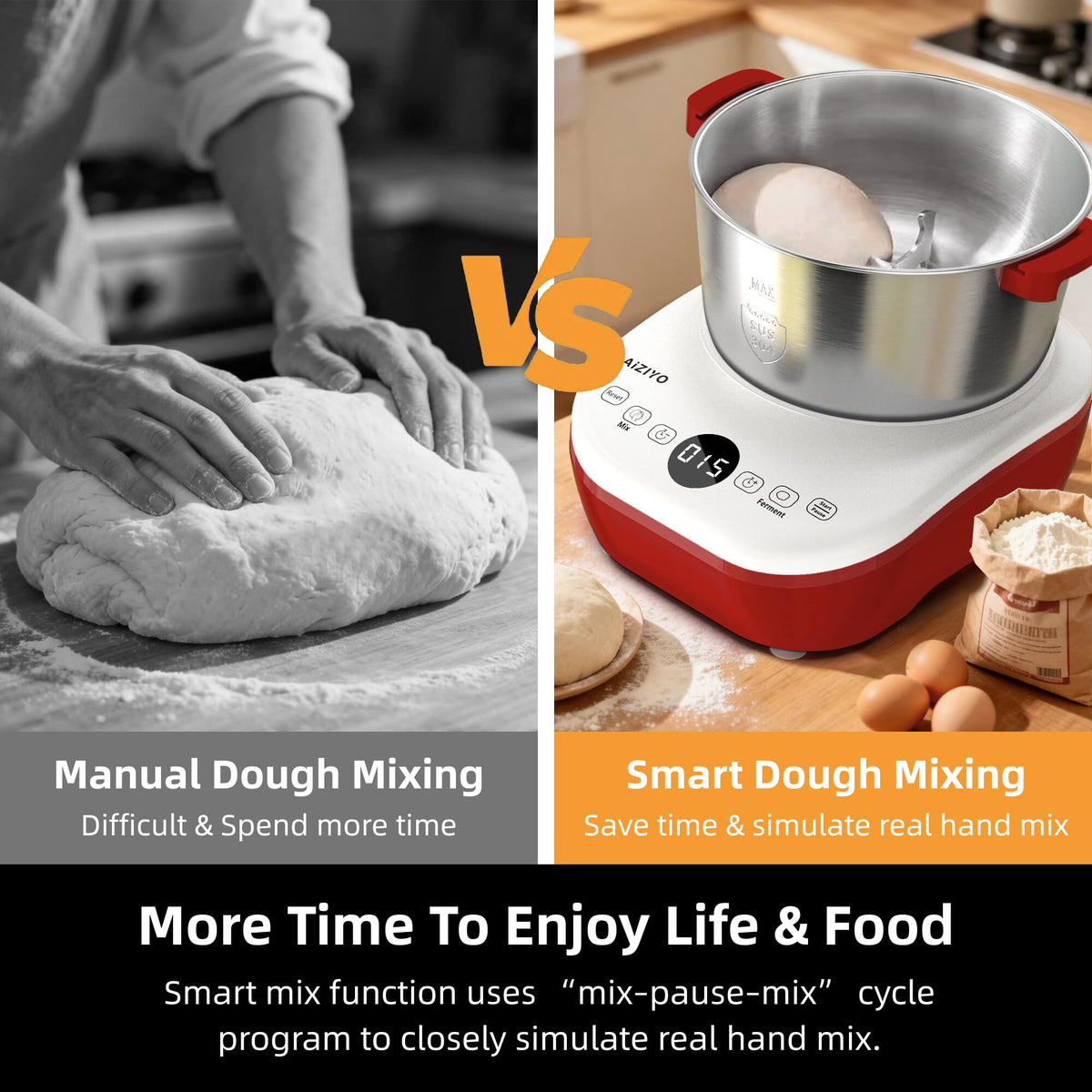 AIZIYO DoughChief, Electric Dough Mixer 7.4Qt with Ferment Function, Dough Maker 304 Stainless Steel Bowl, Microcomputer Control, Face-up Touch Panel, Easy To Clean for Bread & Pizza