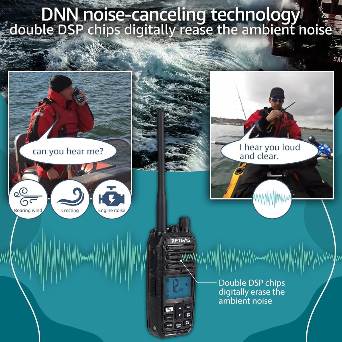 Retevis RM21 5W Marine Radio VHF IP67 Floating, Noise Cut for Boat (1 Pack) Coastal Fishing, Duck Hunting, 1-Press AI Noise Reduction, 1800mAh Battery, Submersible, Global Channels, NOAA Weather Alert