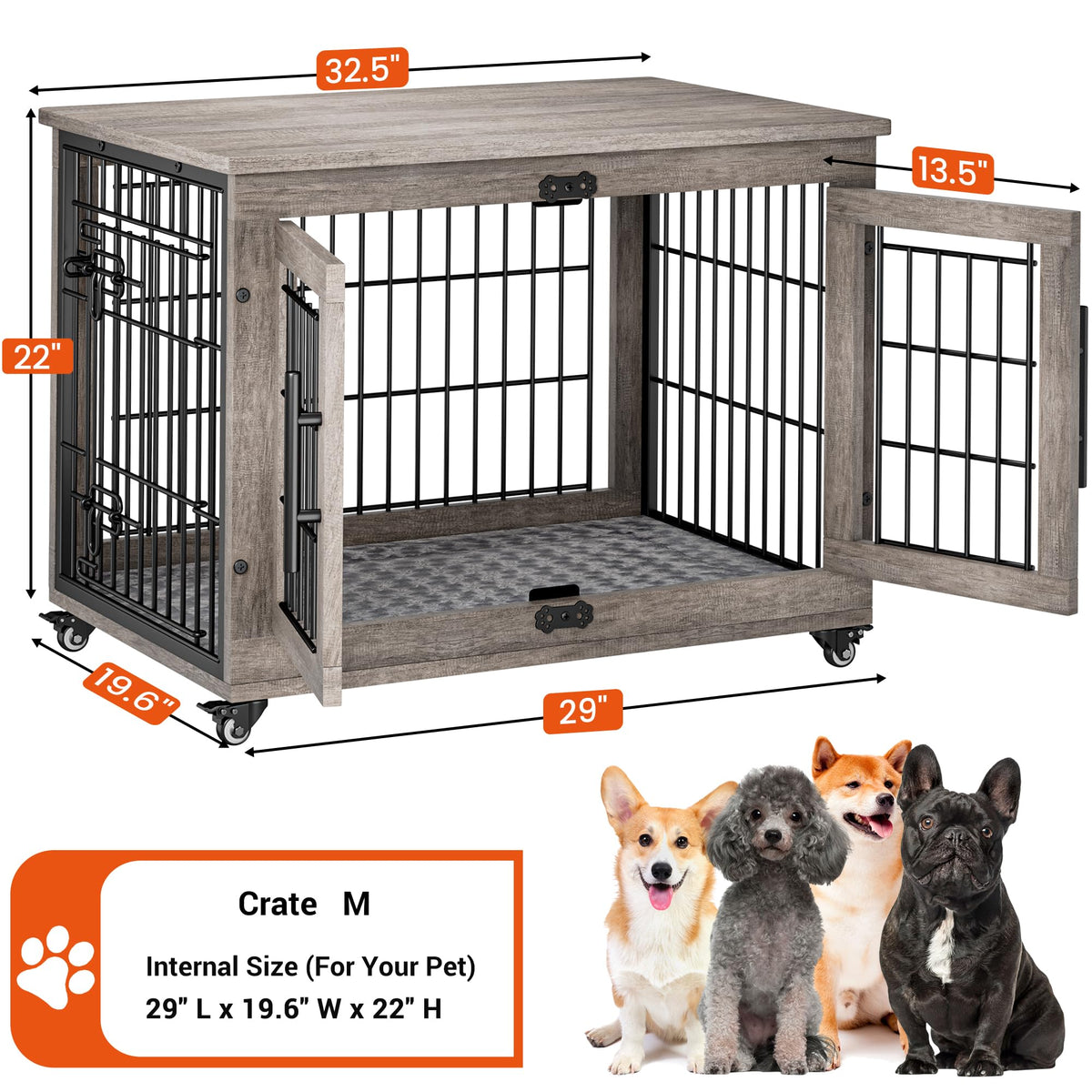 Medium Dog Crate Furniture, 32'' Heavy Duty Kennel w/Cushion & Wheels Grey, Double Doors, Wooden Dog Cage, Chew-Resistant, End Table, Decorative, 27"/32"/38"/44" Options, Indoor