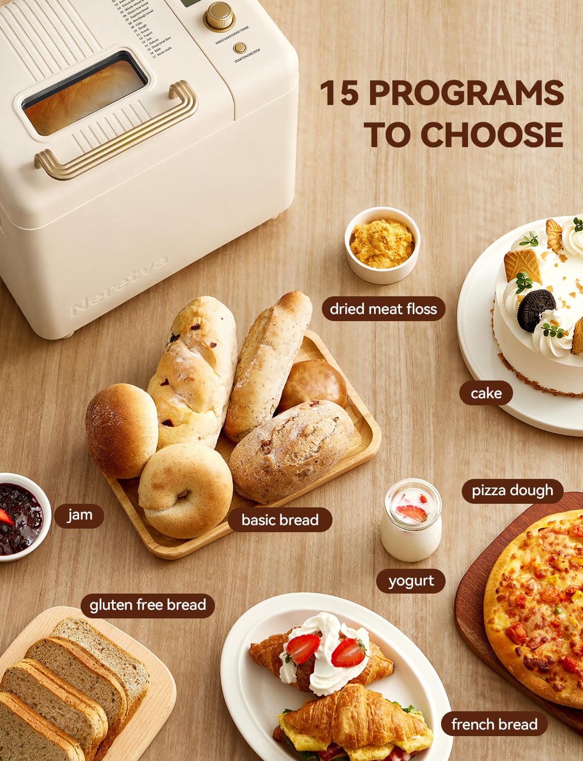 Neretva 2.2LB 15-in-1 Bread Machine with Dual Heater and Auto Nut Dispenser Nonstick Ceramic Pan Bread Maker Machine, Low Noise Breadmaker, 15H Timer & 1H Keep Warm Set for Gluten Free/Sourdough/Yogurt