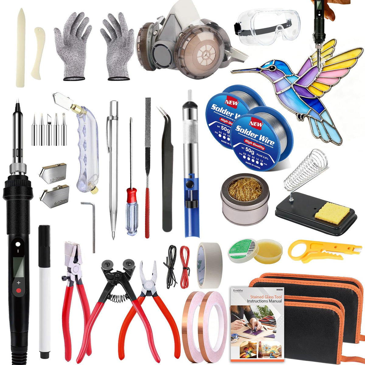 Ecoofor Stained Glass Starter Kit, Complete Stained Glass Making Kit with 100W Soldering Iron, Glass Cutter Tools, Diamond Cutter Set & Instructions for DIY Crafts, Stained Glass Kits for Adults