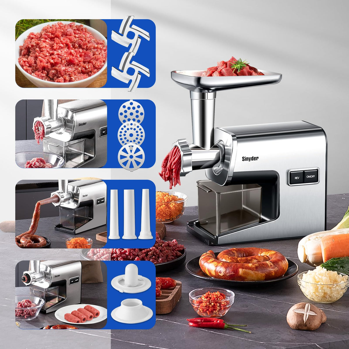 Sinyder Electric Meat Grinder 3000W Max Stainless Steel Mincer Pure Copper Motor, Metal Gears, Stainless Steel Body, 2 Blades & 3 Grinding Plates, Sausage Stuffer Tubes & Kubbe Kit