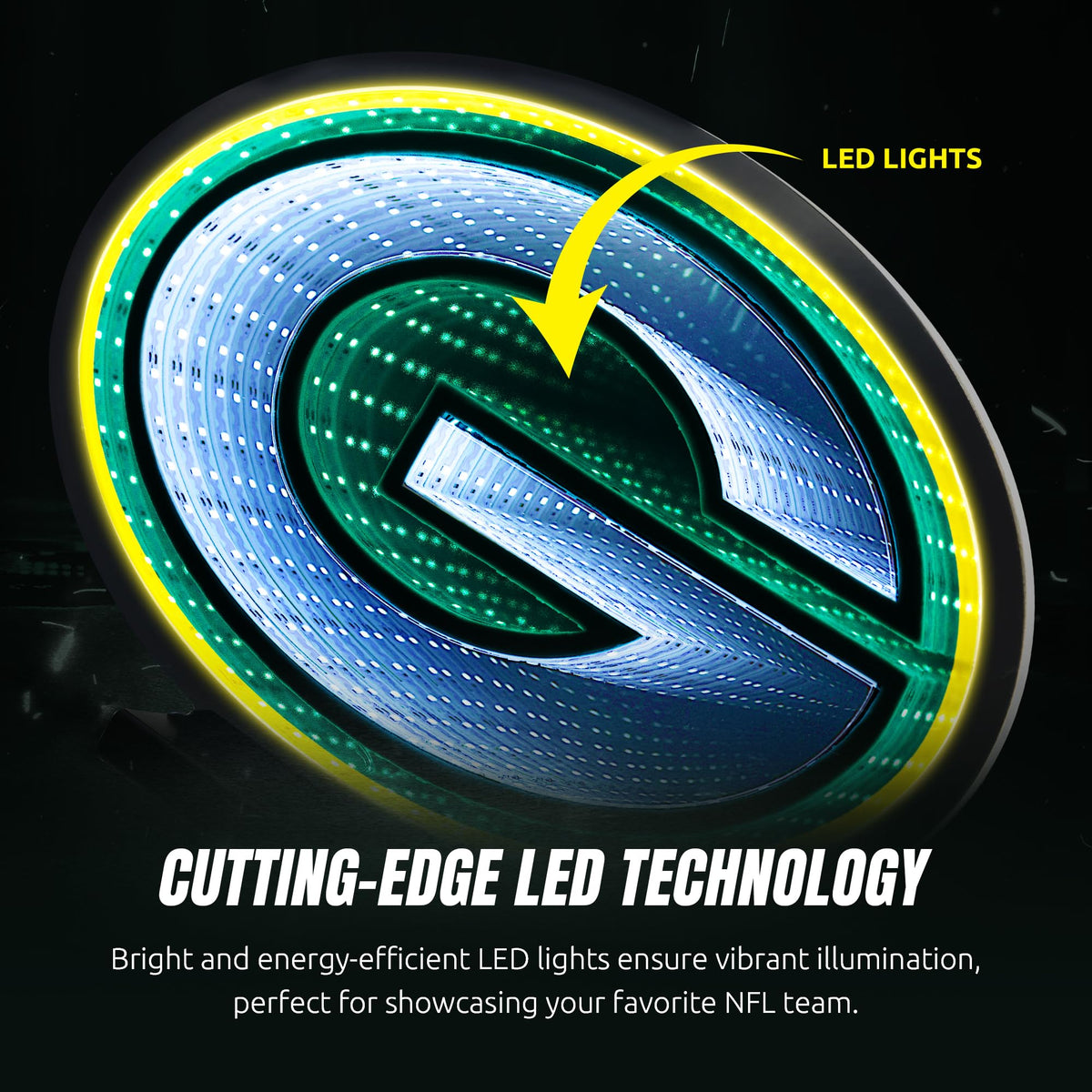 Sporticulture NFL Team Green Bay Packers LED Infinity Logo Light - 3D Light Effect, Acrylic Display with UL Plug and Stand