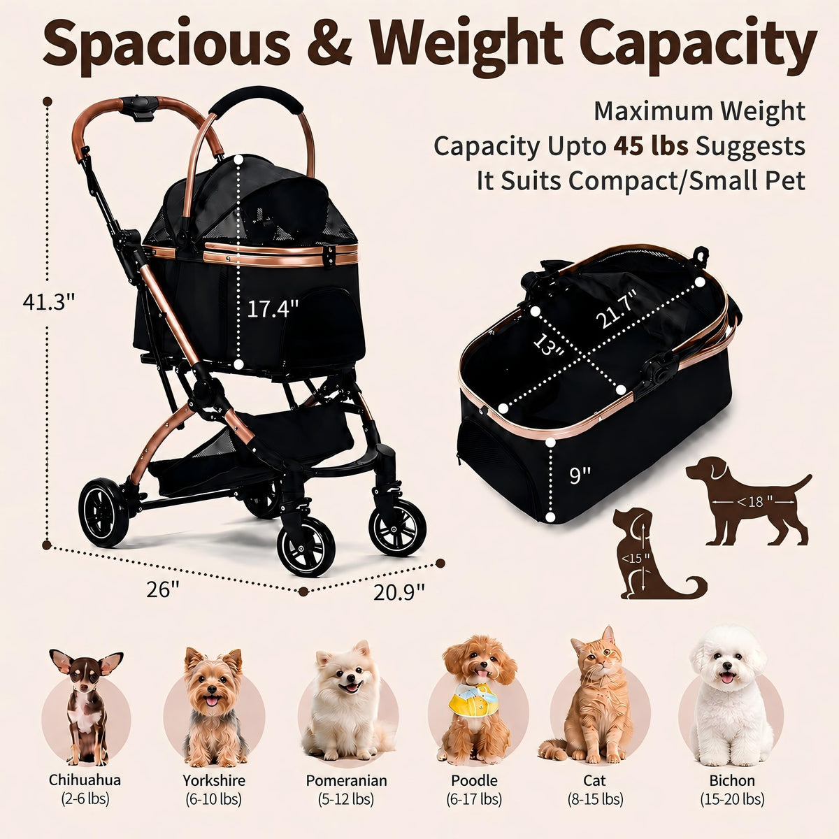 Dog Strollers for Small Dogs and Cats, 3-in-1 Pet Stroller with Removable Carrier, 4 Wheels One-Hand Fold Travel Carriage with Storage, Cup Holder and Car Seat, Black
