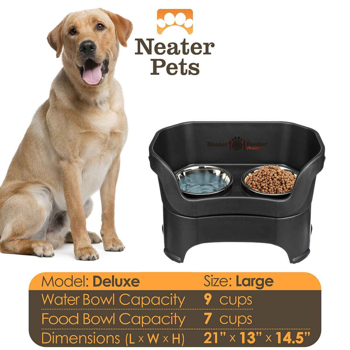 Neater Pet Brands Neater Feeder Deluxe Mess Proof Dog Bowls Elevated for Large Dogs Over 40 lbs, Made in USA, No Spill Raised Dog Food Bowl Stand Feeding Station, Food and Water Bowl Set, Black