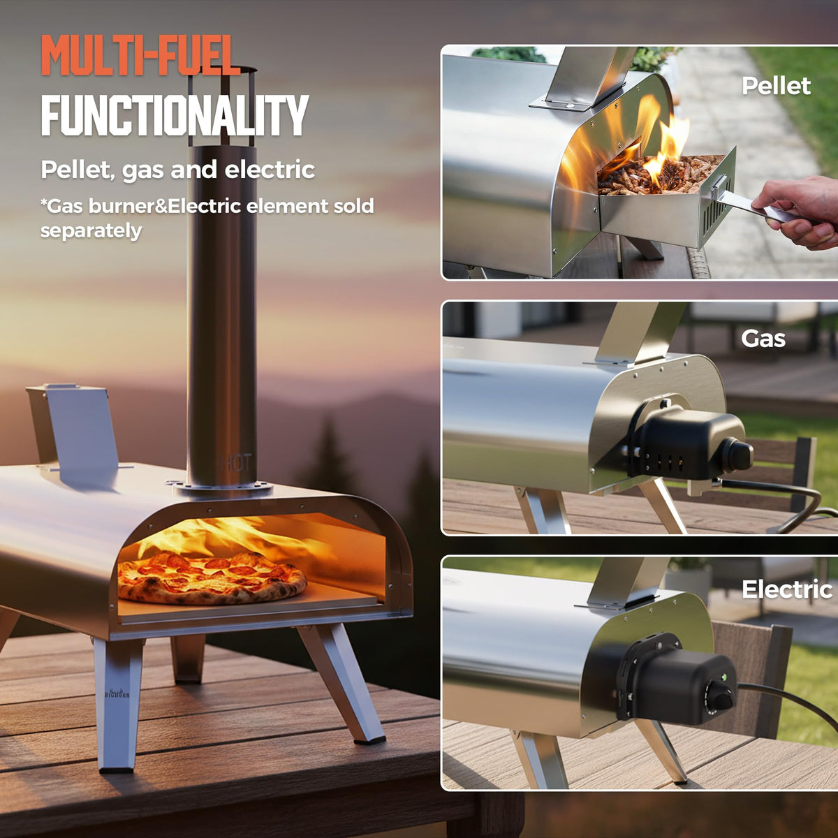BIG HORN 12" Outdoor Pizza Oven, 1110°F, Wood Pellet, Gas & Electric Gas & Electric Burners Sold Separately — Wood for authentic flavor, gas for quick cooking, or electric for convenient cooking