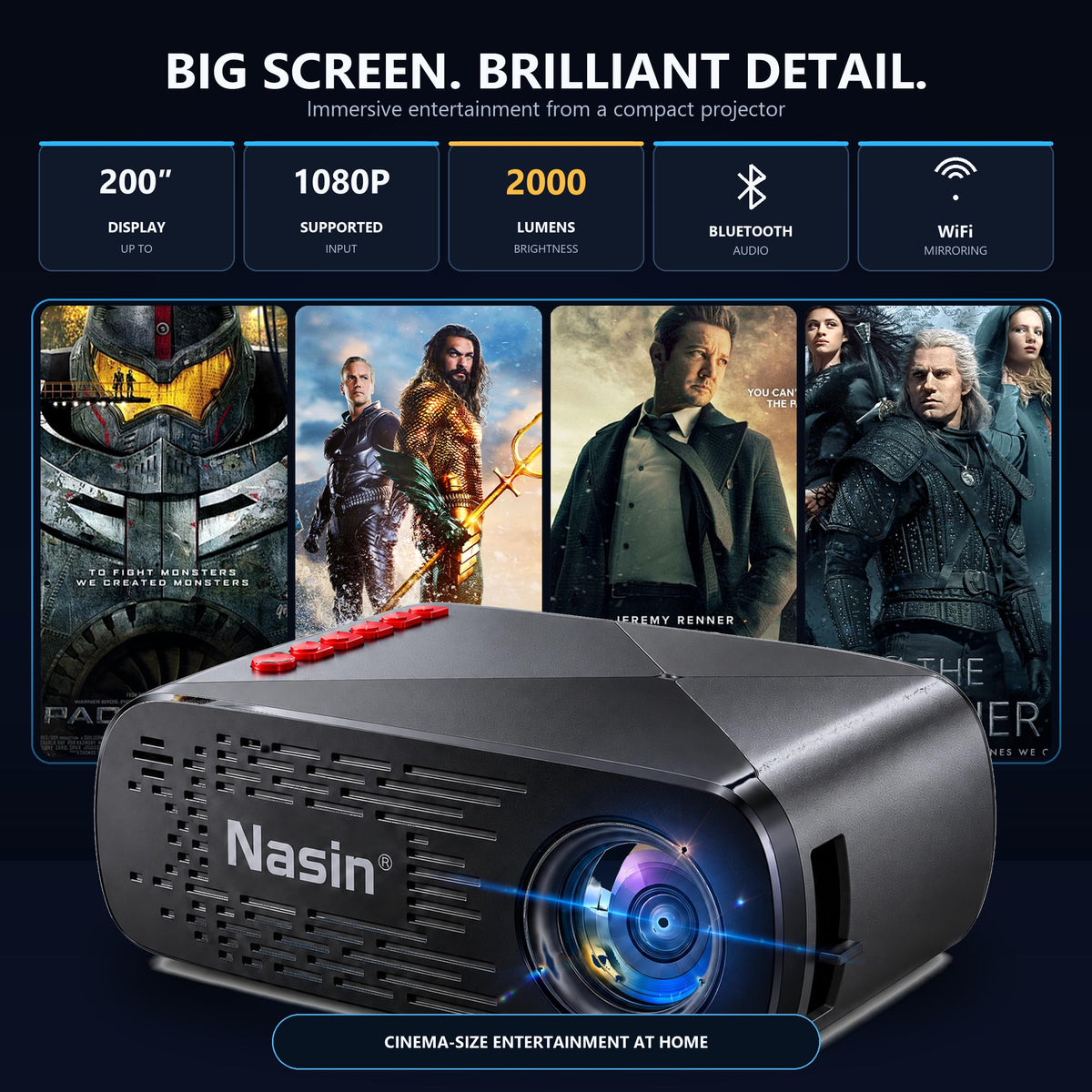 Mini Projector, Nasin Portable Projector with WiFi, Bluetooth, 1080P Input Compact portable design with WiFi mirroring, Bluetooth, 22-170 in display, HDMI, USB, TF card, USB-C and 1080P input.