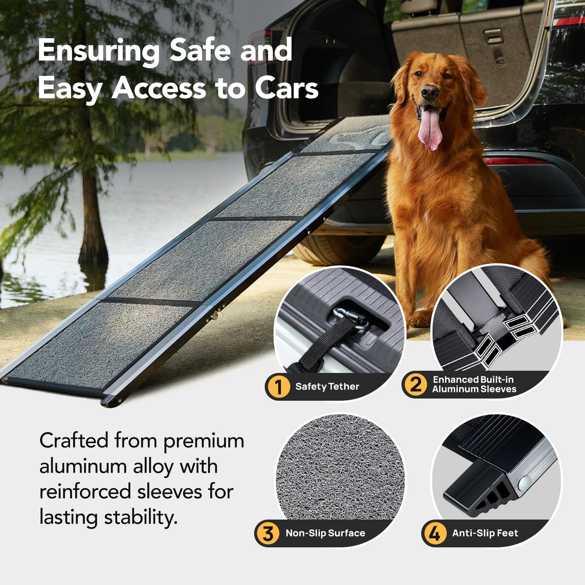 PetThem Dog Ramp for Cars, 71" L × 17.2" W, Extra-Long Foldable Extra-Long for a Gentler Climb, Non-Slip Rug Surface, 250-lb Capacity, Space-Saving Storage, Stable Support