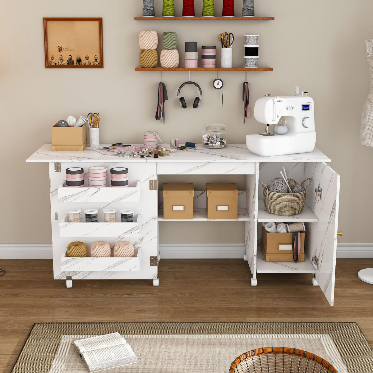 HRVEOCEI 57.5" Foldable Sewing Machine Table with Locking Wheels, Multi-Storage Craft Station with Shelves, Bins & Cabinet, Adjustable Compact Sewing Cabinet for Home, Bedroom, and Craft Room