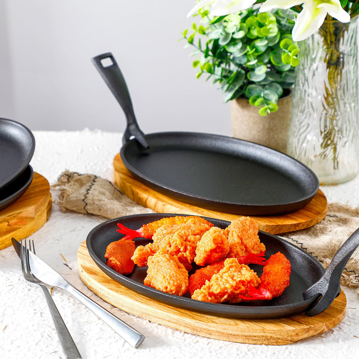 FoldTier 4 Sets Cast Iron Fajita Skillet 10.63"x6.89" with Wooden Base Sizzling Pan for Restaurant Kitchen BBQ Party, Removable Handle, Anti Scald Wooden Base, Skillets Trays Handles