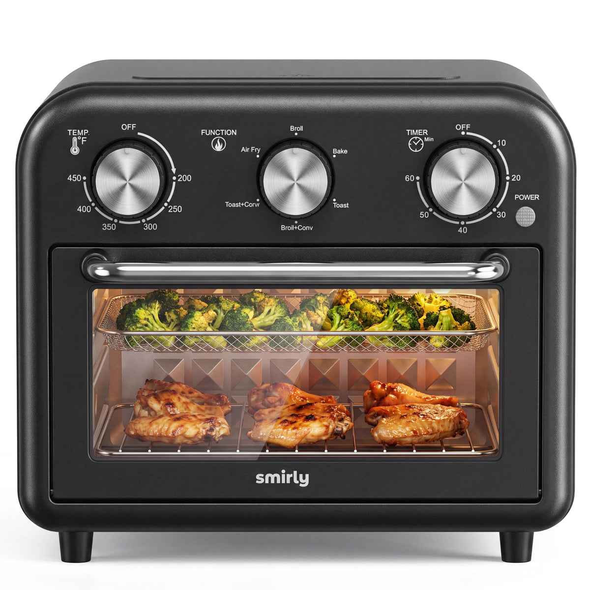 SMIRLY 6-in-1 Air Fryer Toaster Oven Combo, 13QT Small Toaster Oven Black 1200W Toaster Ovens Countertop for Air Fryer, Bake, Toast, Roast, Broil, Reheat, Compact Toaster Oven with Basket, Rack, Tray