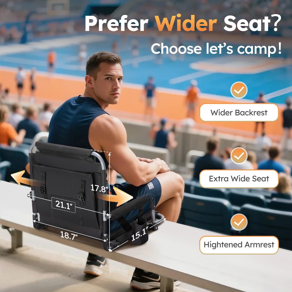 LET'S CAMP 2 Pack Folding Stadium Seats, Portable Bleacher Chairs with Comfortable Cushions, Cup Holder and Mesh Bag, Perfect for Sports Games and Outdoor Activities