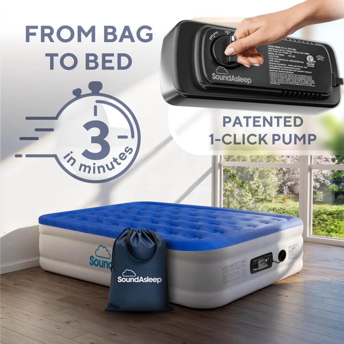 SoundAsleep Dream Series Raised Queen Air Mattress, Built-in Pump, Blue ComfortCoil Technology, fast 1-click inflation, waterproof flocked top and SureGrip bottom create a stable guest bed for two