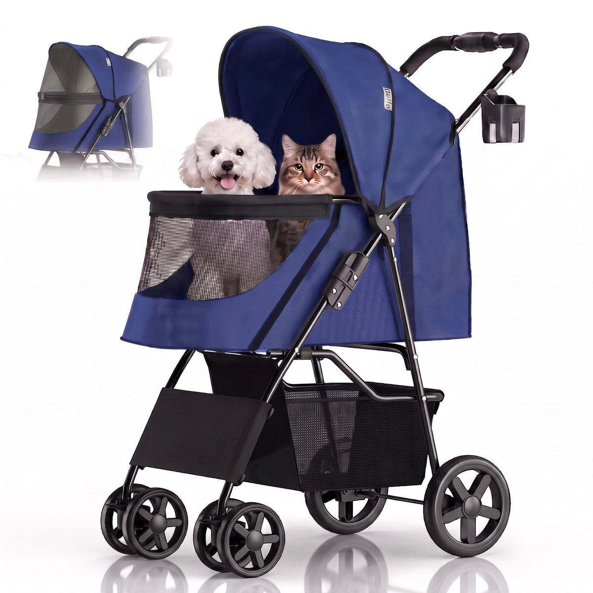 Pet Stroller for Small/Med Dogs & Cats | 4-Wheel Foldable Pet Stroller Zipperless Entry, Easy One-Hand Fold, Jogging Tires, Safety Harness, Breathable Design, Cup Holder + Storage Basket