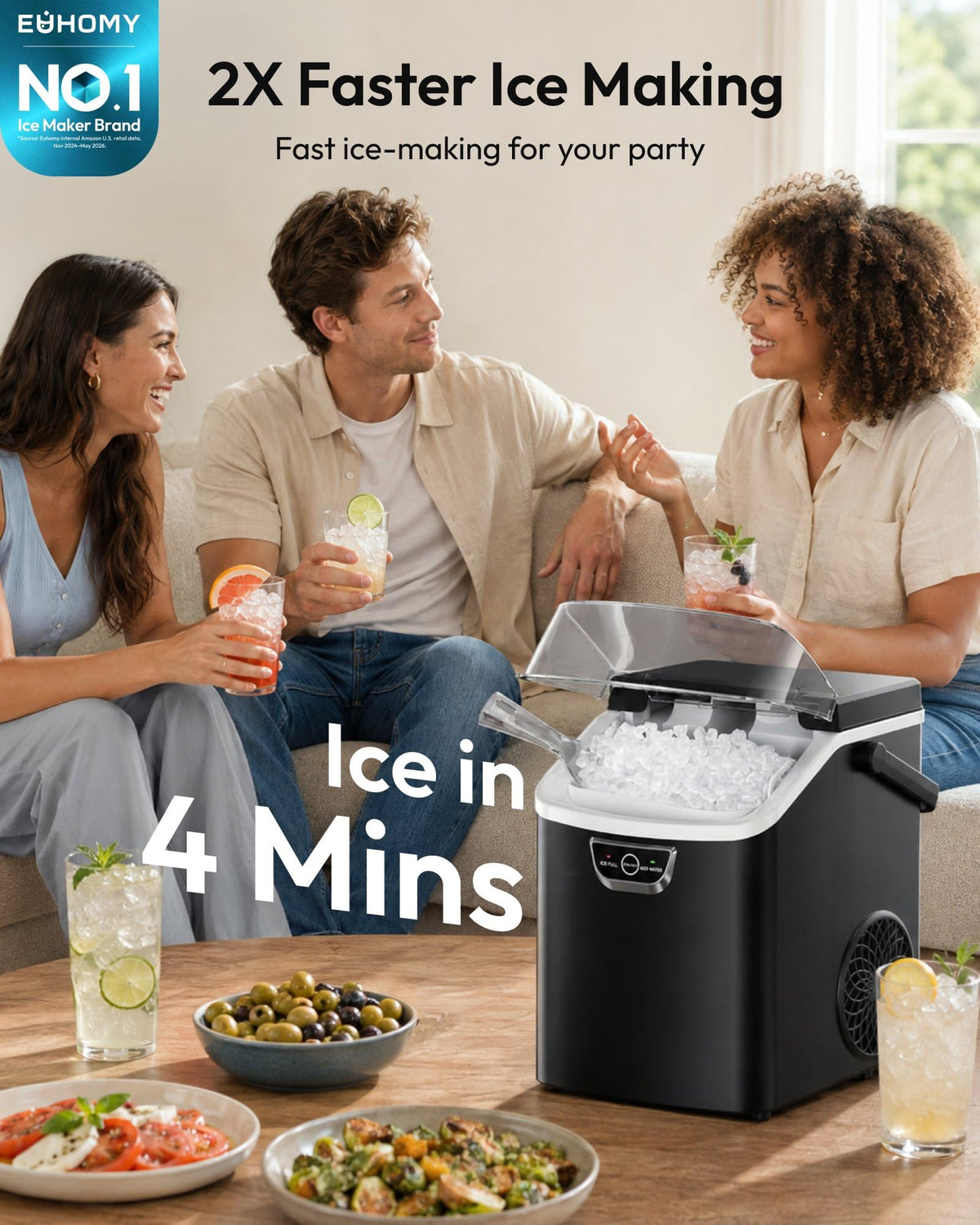 EUHOMY Nugget Ice Maker Countertop with Handle, Max 40lbs Daily Sonic Ice Ice in 4 Mins, Self-Cleaning, Portable Pebble Ice Maker with Basket and Scoop, for Home/Party/RV/Camping, Black